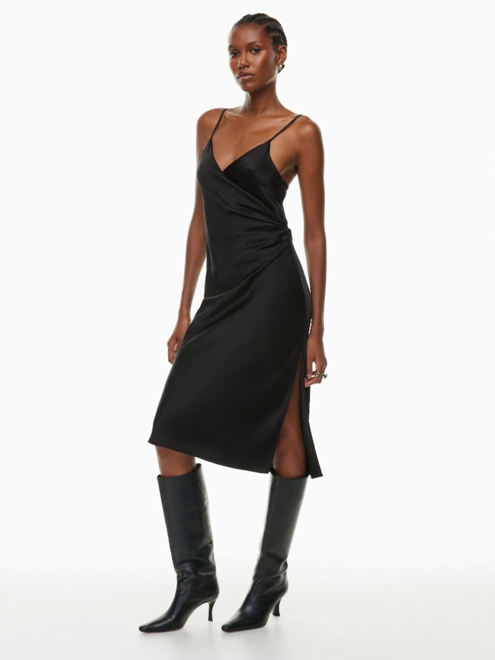 Aritzia Wilfred Scenery Satin Wrap Midi Dress Size S in Black